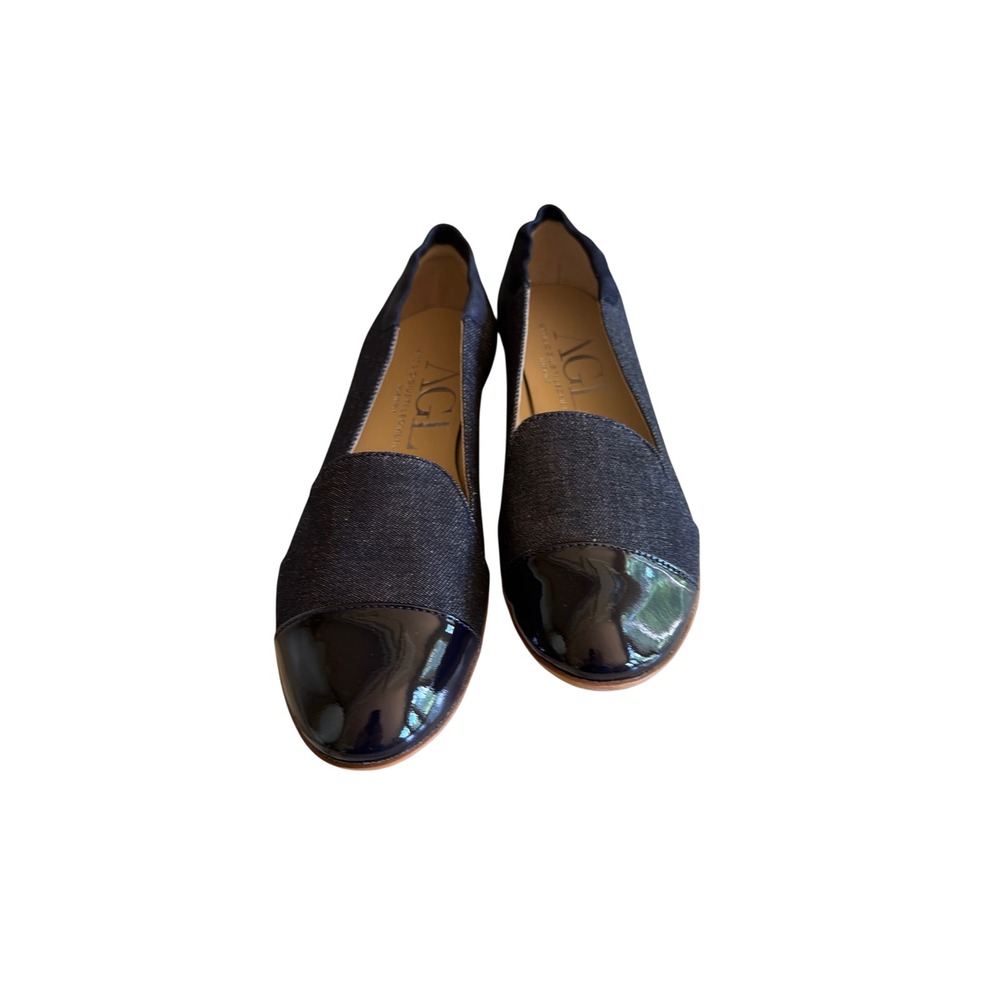 AGL Ballet Flats Navy Blue Patent Cap Toe Denim Leather Shoes Italy 40